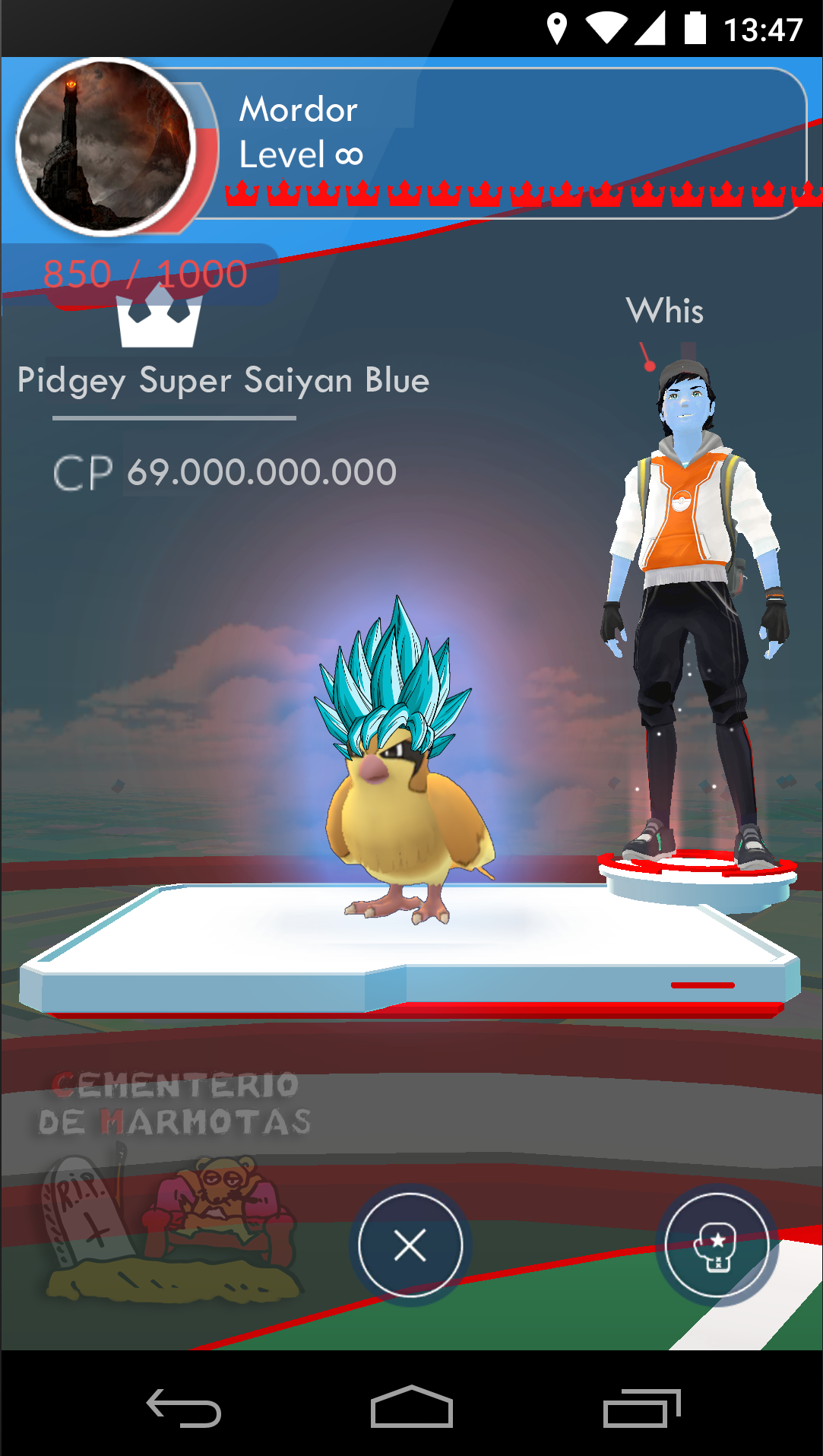 El gimnasio de Pokemon Go Imposible de derrotar, pidgey super saiyan blue